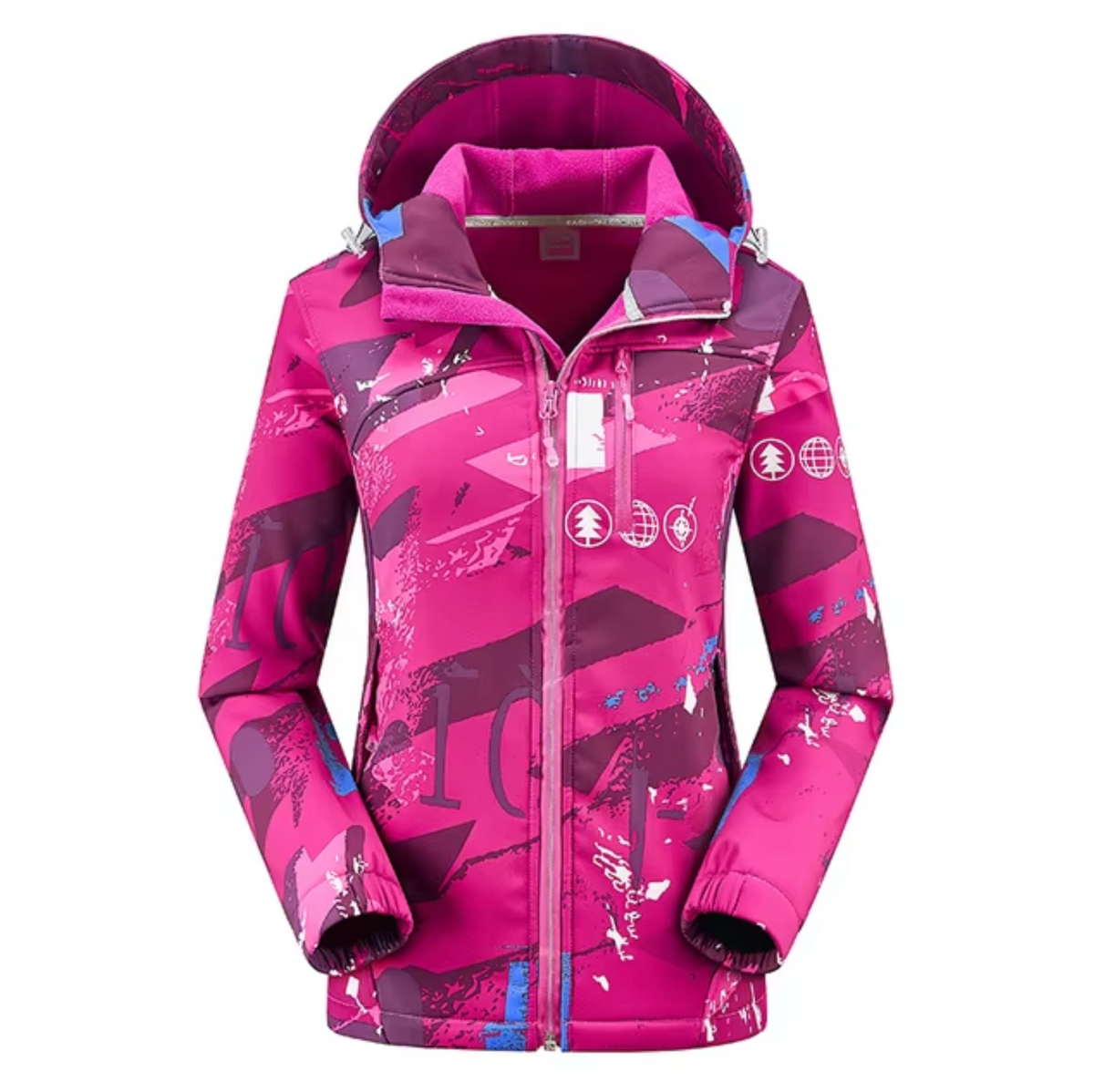 Women's All-Weather Printed Softshell Jacket with Zipped Pockets - Dark Pink