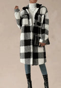 Women's Plush Printed Fleece Coat with Shirt Collar and Chest Pockets - Black