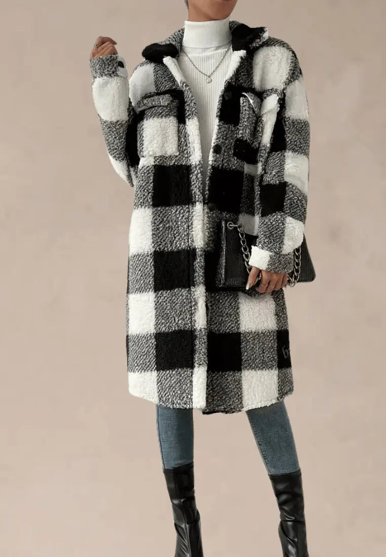 Women's Plush Printed Fleece Coat with Shirt Collar and Chest Pockets - Black