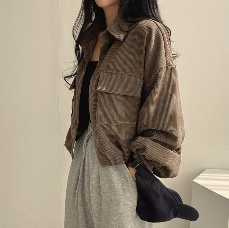 Women's Corduroy Shacket with Pointed Collar and Chest Pockets