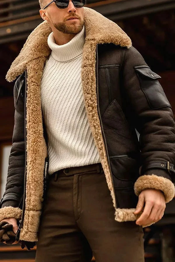 Men's Full-Zip Aviator Jacket with Oversized Collar and Buckle Cuffs - Dark Brown