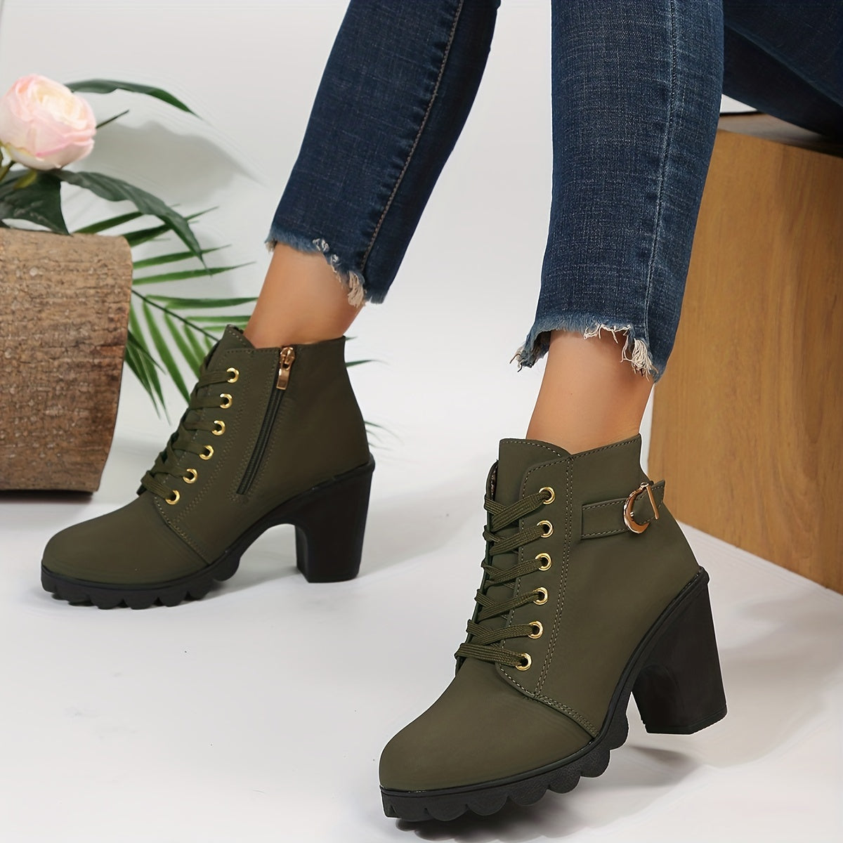 Women's Laced Winter Booties with Buckle Detail and Block Heel