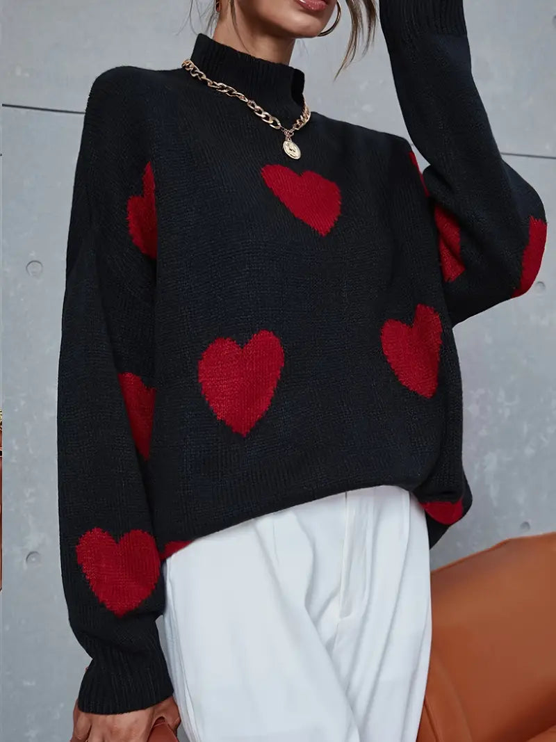 Women's Printed Turtleneck Knit Sweater with Ribbed Hem and Cuffs - Black