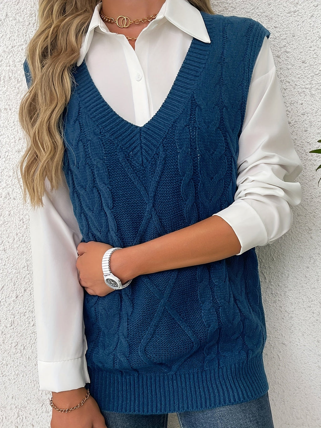 Women's Cable-Knit V-Neck Sweater Vest in a Relaxed Fit