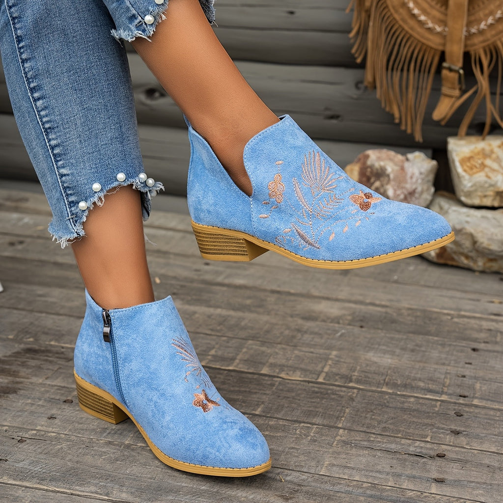 Women's Pointed Low Heel Booties with Delicate Embroidery