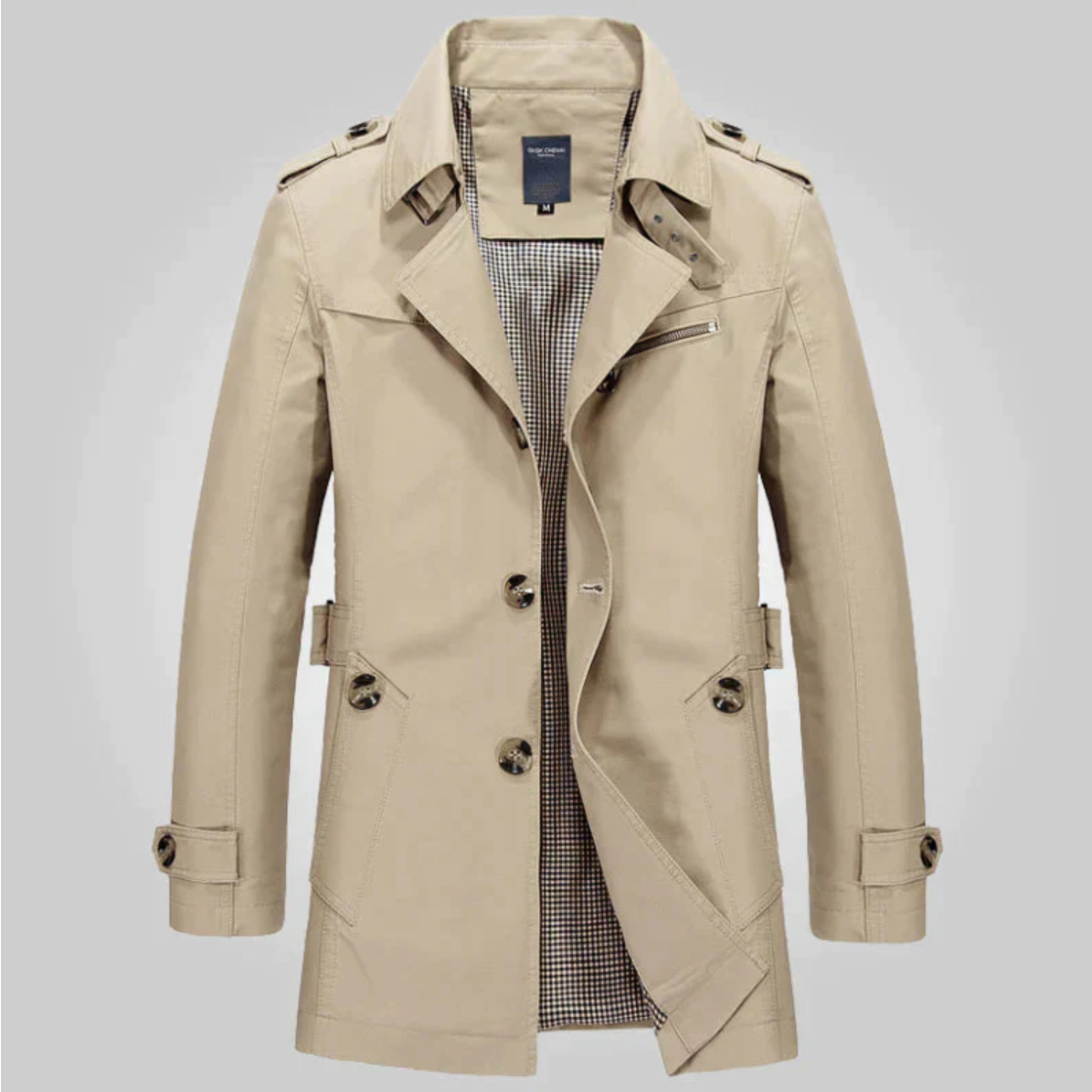 Men's Mid-Length Double-Breasted Trench with Adjustable Cuff Tabs - Beige