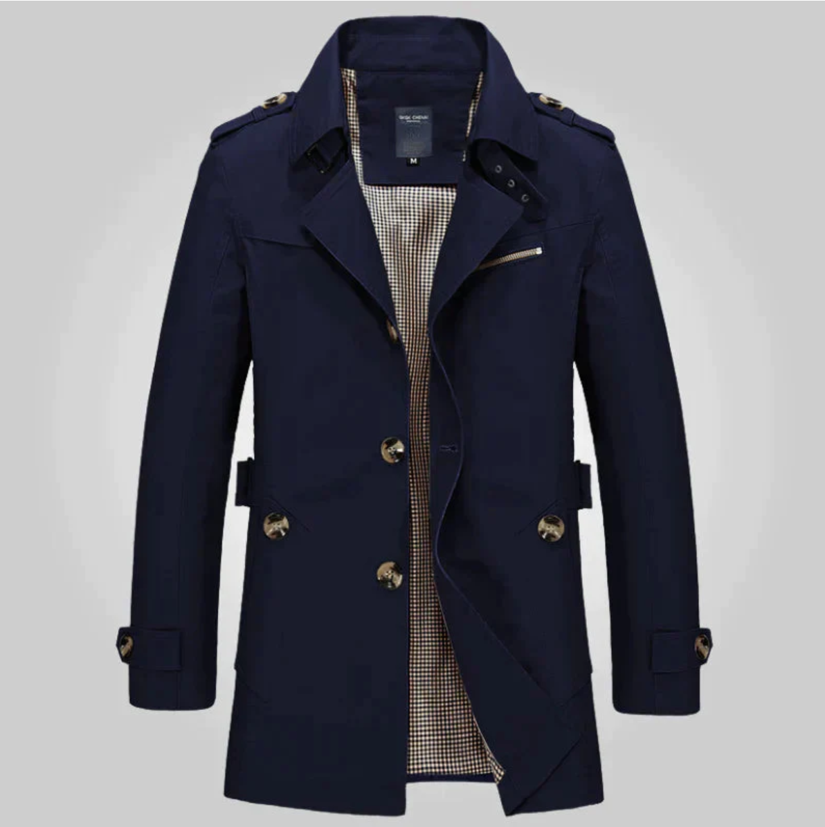 Men's Mid-Length Double-Breasted Trench with Adjustable Cuff Tabs - Navy Blue