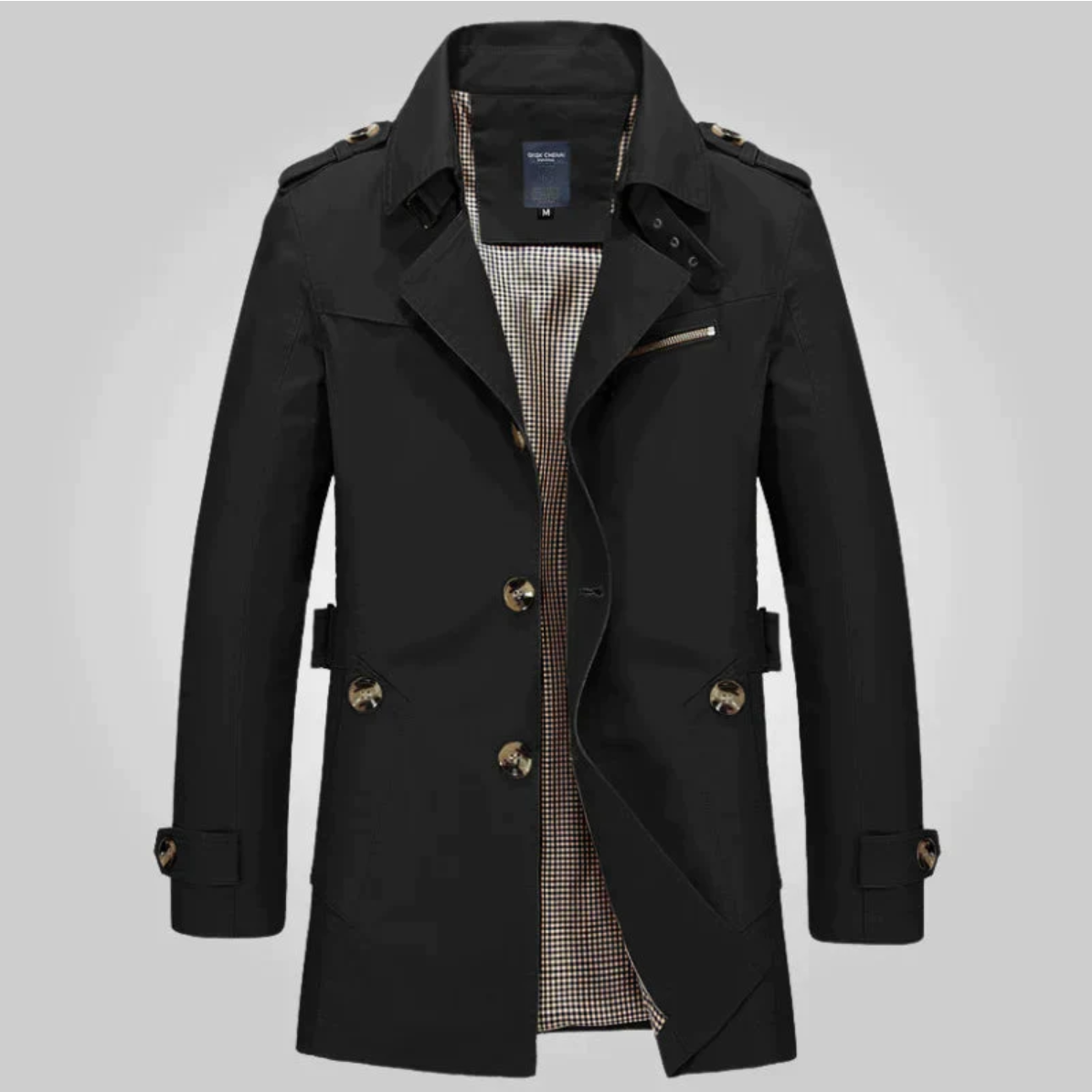 Men's Mid-Length Double-Breasted Trench with Adjustable Cuff Tabs - Black