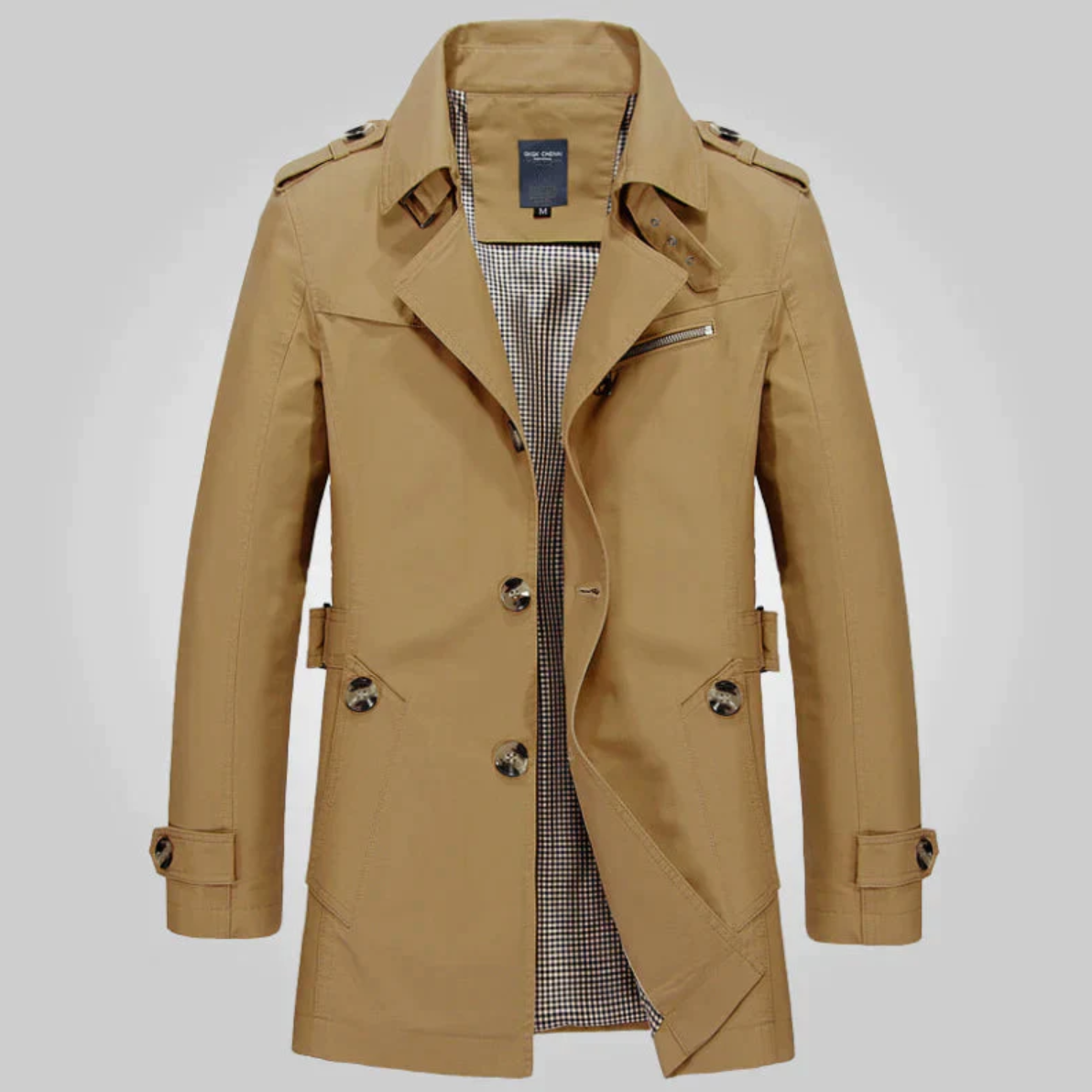 Men's Mid-Length Double-Breasted Trench with Adjustable Cuff Tabs - Khaki