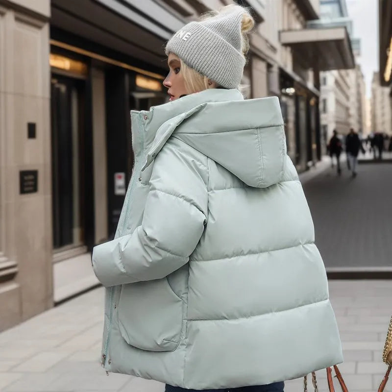 Women's High-Neck Thick Padded Puffer with Hood and Elastic Cuffs