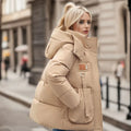 Women's High-Neck Thick Padded Puffer with Hood and Elastic Cuffs - Khaki