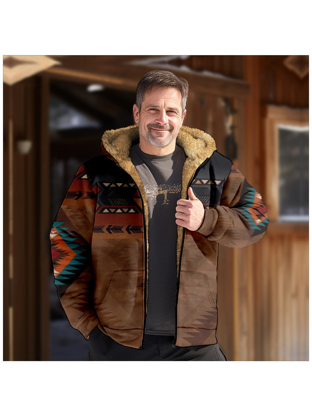 Men's Relaxed Plush-Lined Western Print Zip-Up with Hood
