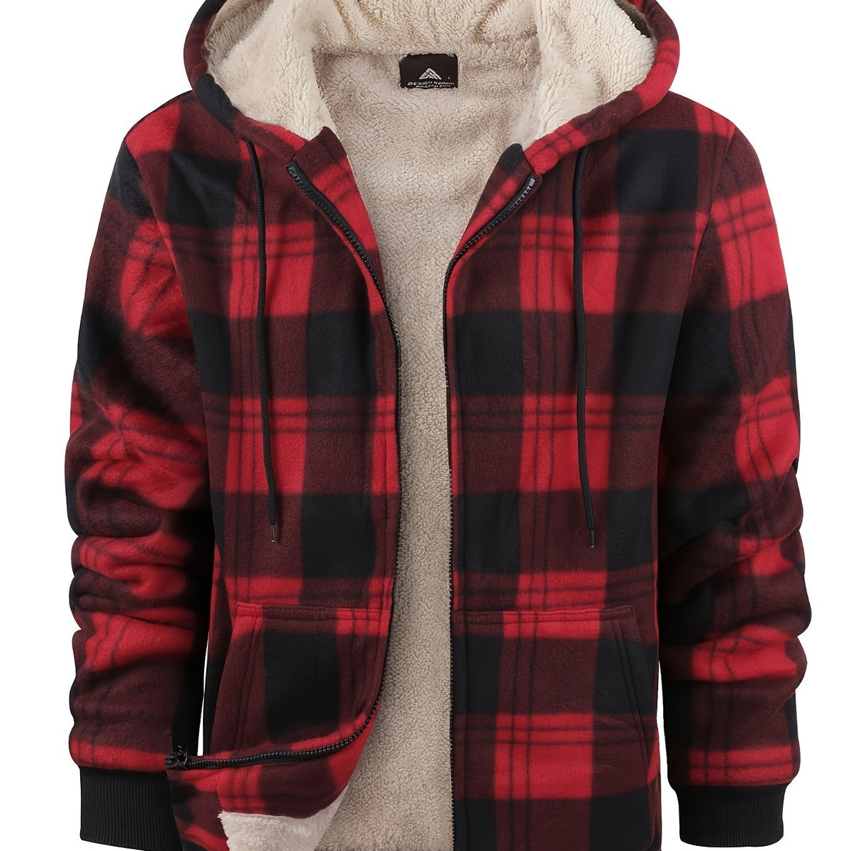 Men's Plush-Lined Zip-Up Hooded Jacket in Solid or Plaid - Black & White Plaid