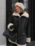 Women's Shearling-Style Faux Leather Jacket with Wide Plush Collar - Black