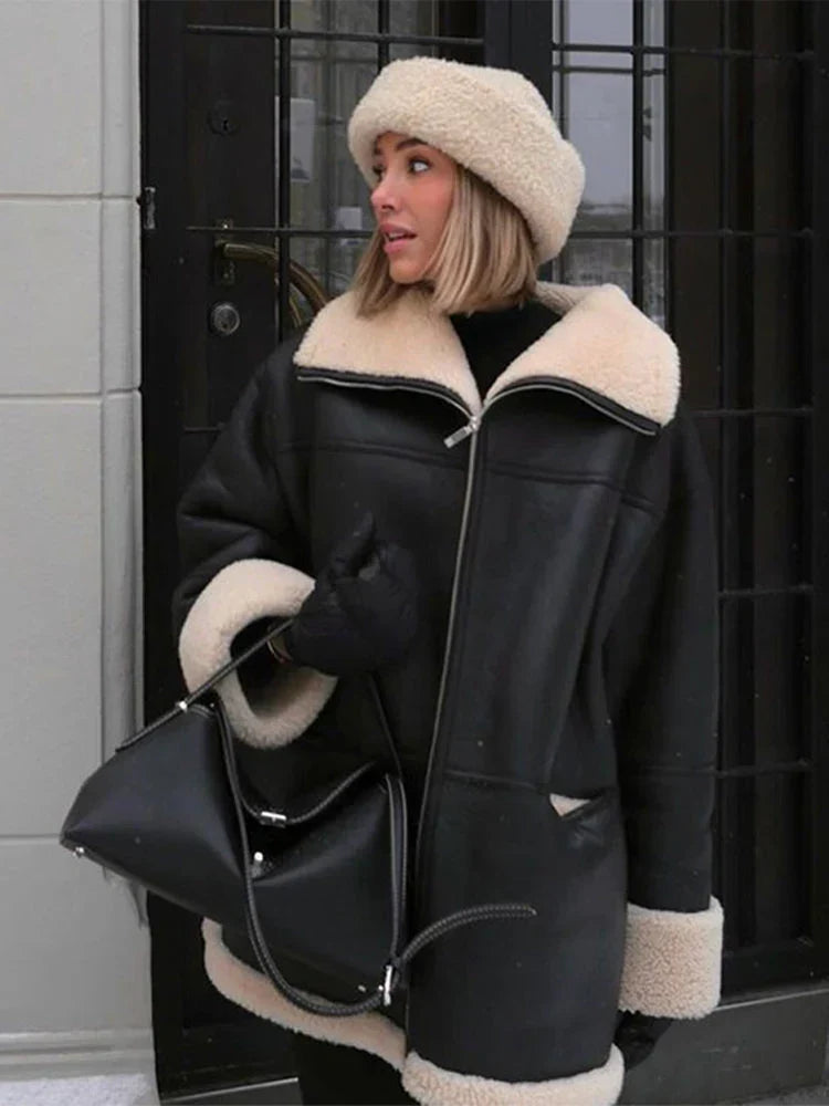 Women's Shearling-Style Faux Leather Jacket with Wide Plush Collar - Black