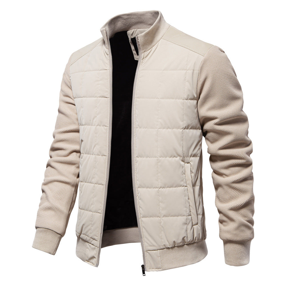 Men's Quilted-Panel Zip-Up Jacket with Stretch Knit Sleeves - Beige