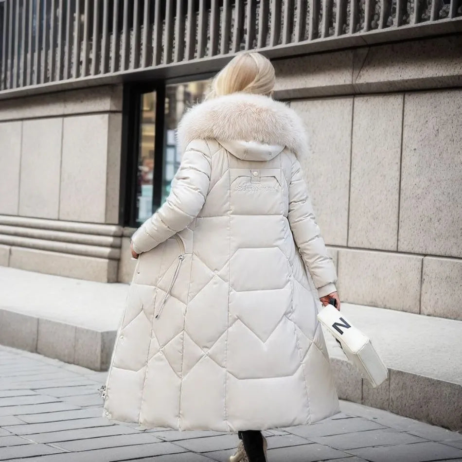 Women's Padded Longline Winter Coat with Fur Hood and Quilted Hem