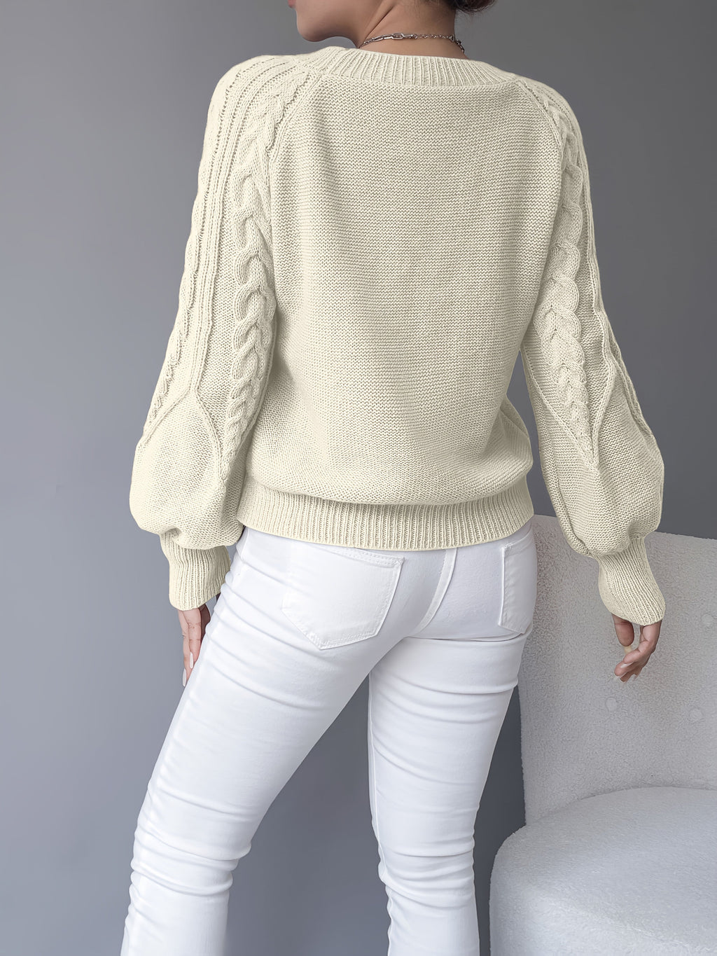 Women's Classic Cable Crew Neck Sweater with Lantern Sleeves