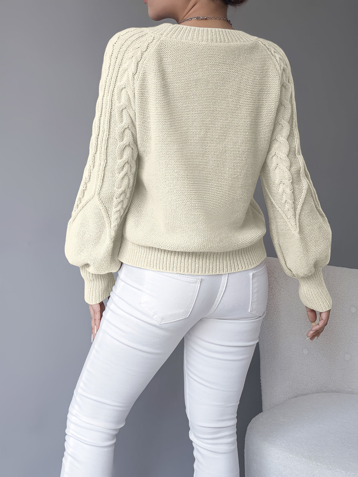 Women's Classic Cable Crew Neck Sweater with Lantern Sleeves