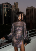 Women's Feathered-Wrist Metallic Cocktail Mini Dress - Black