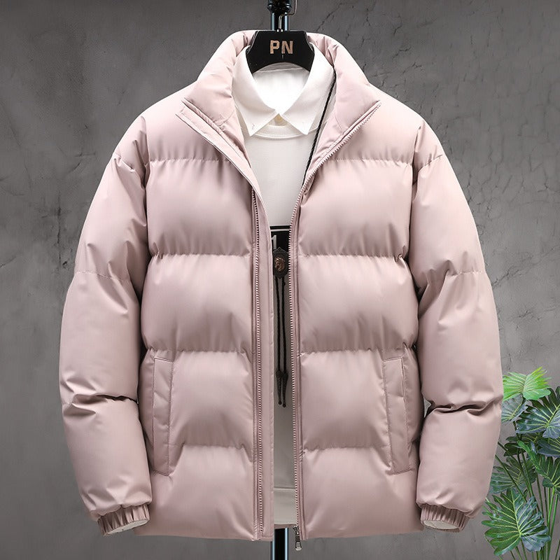 Men's Thick Padded Zip-Up Puffer with Soft Lining and Side Pockets - Light Pink