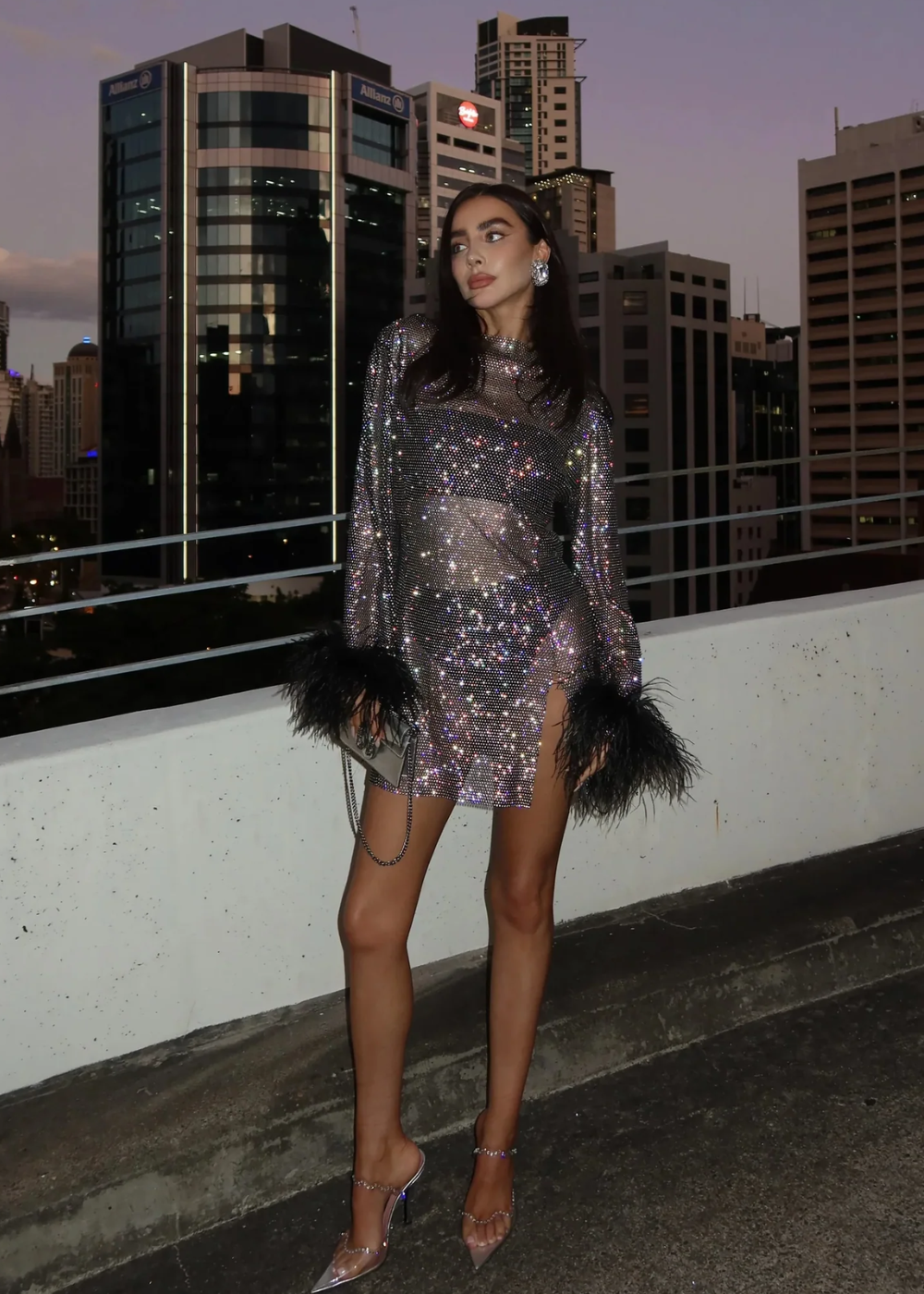 Women's Feathered-Wrist Metallic Cocktail Mini Dress