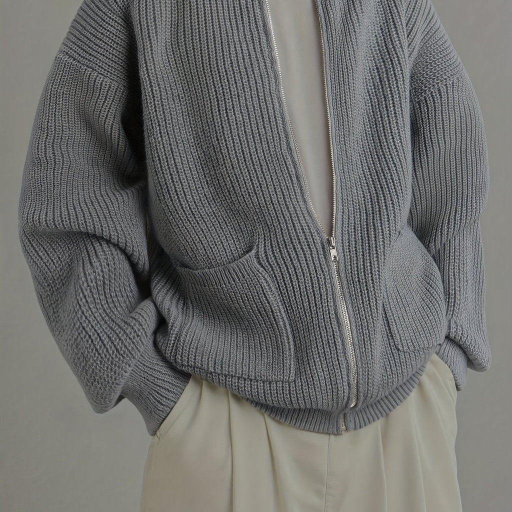 Men's Soft Textured Zip-Front Knit Cardigan in Relaxed Fit - Gray