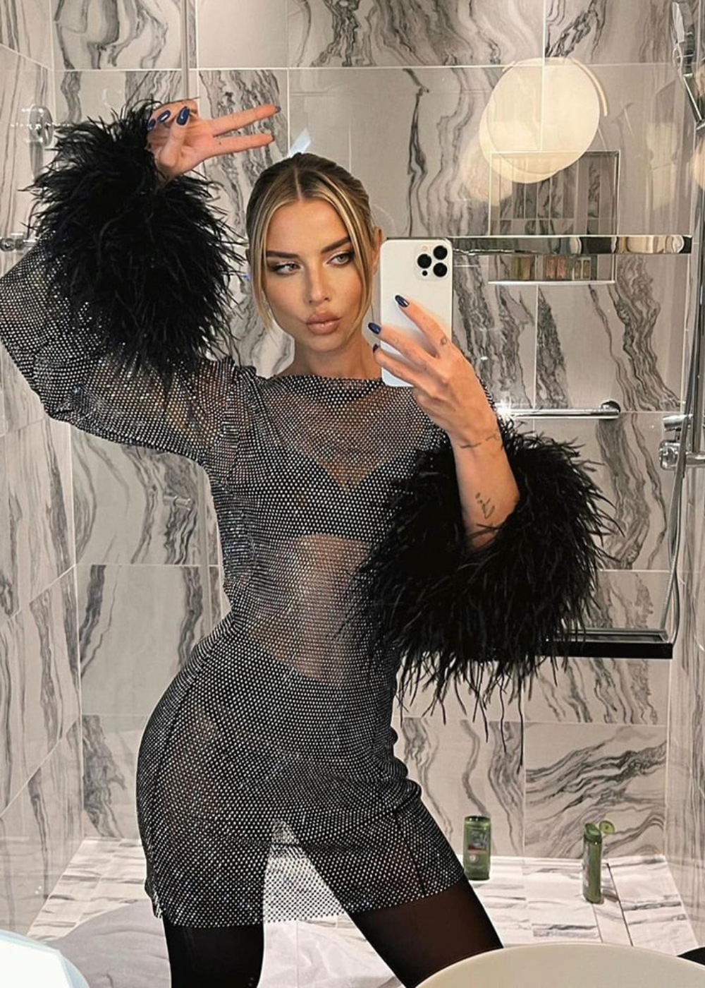 Women's Feathered-Wrist Metallic Cocktail Mini Dress
