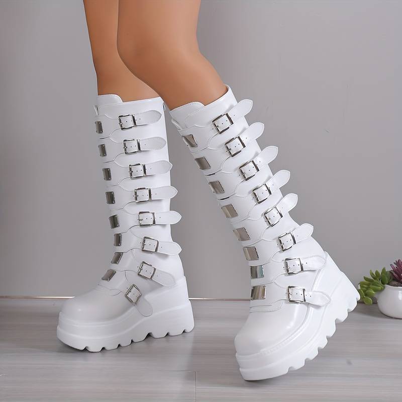 Women's Chunky Platform Buckle-Strap Boots with Knee-High Shaft