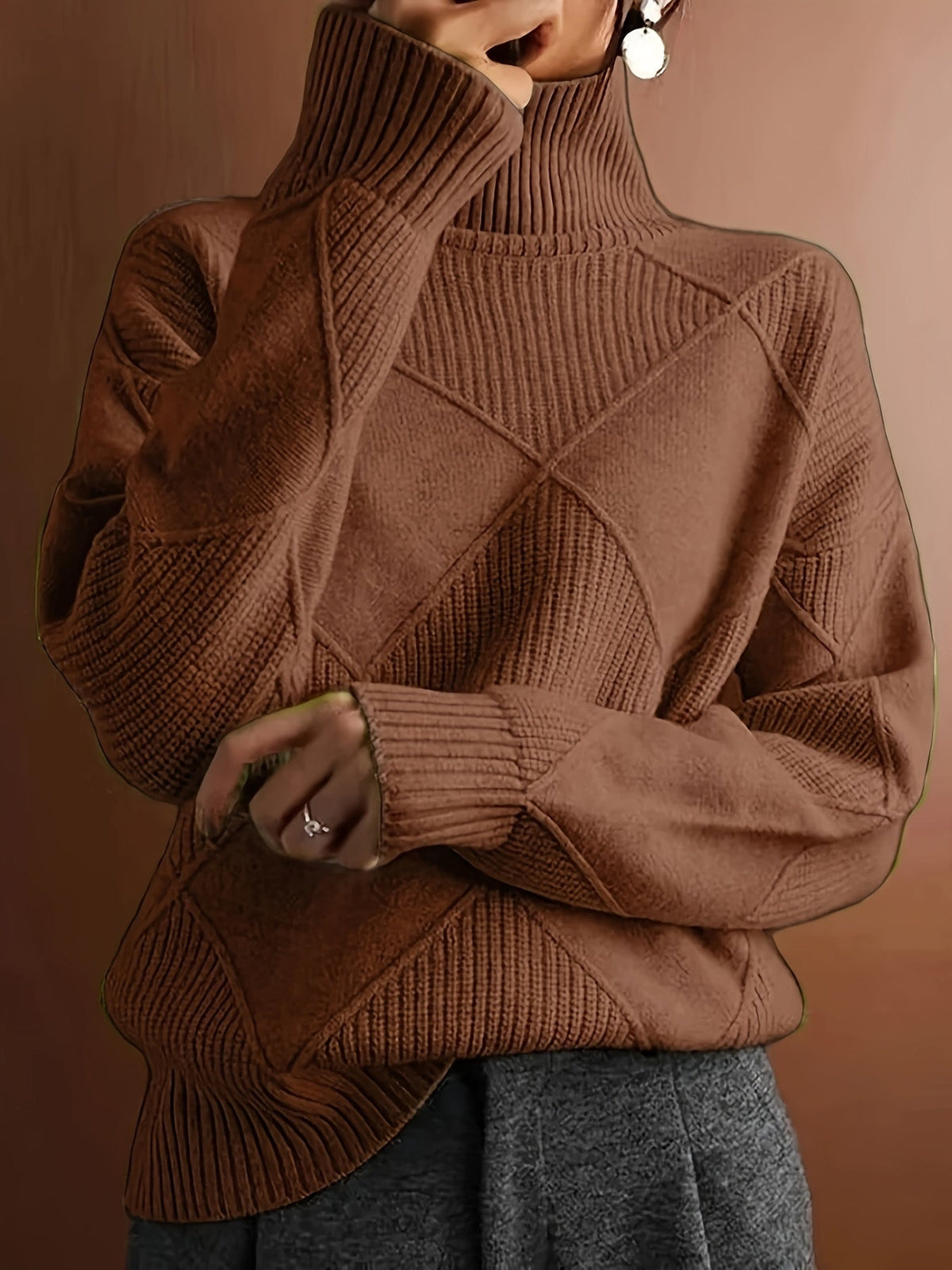 Women's Plus-Size Diamond Knit Turtleneck Sweater in a Relaxed Fit
