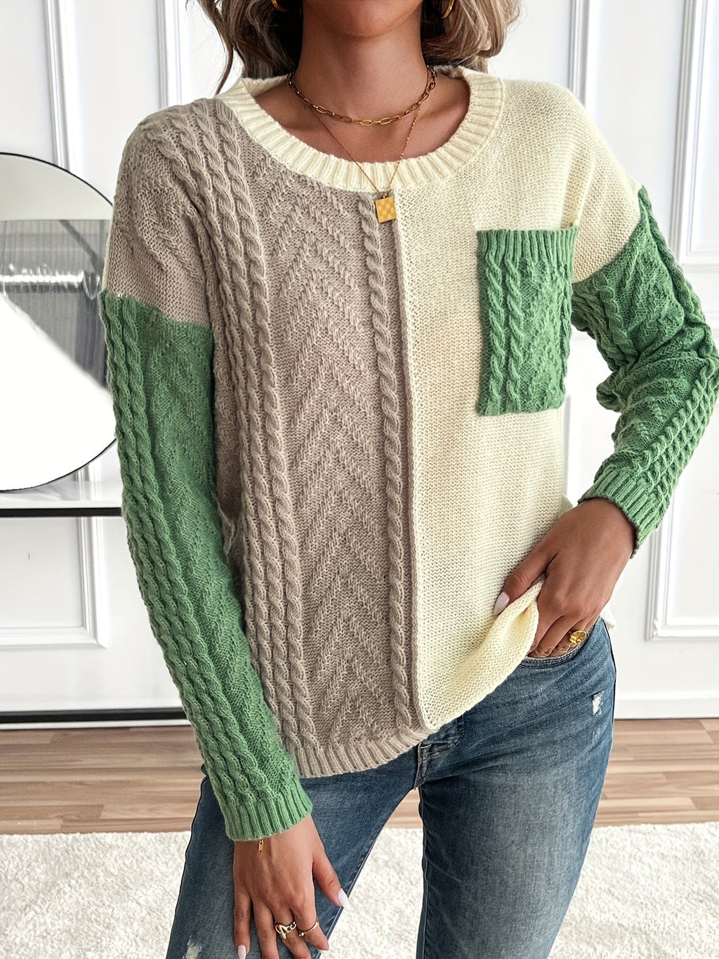 Women's Relaxed Two-Tone Cable Sweater with Front Pocket