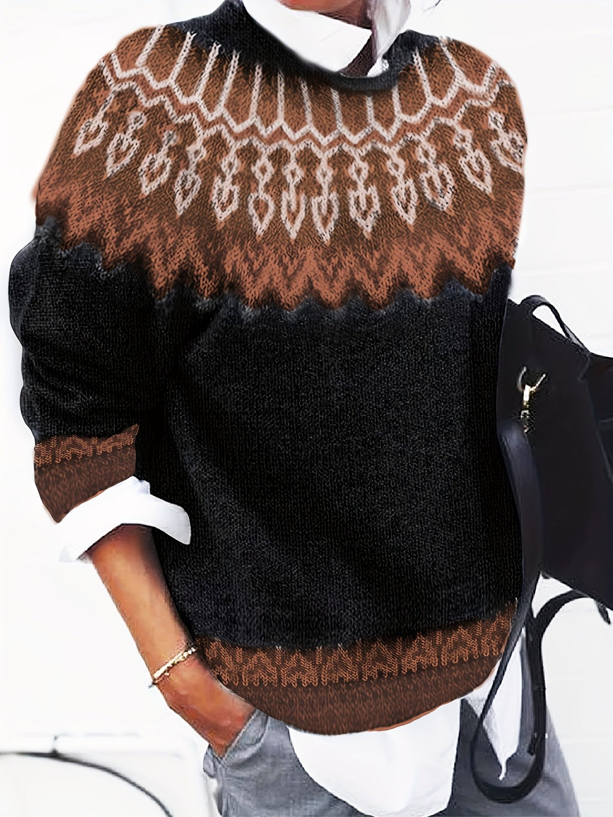 Women's Chunky Nature Motif Jacquard Crew Neck Pullover