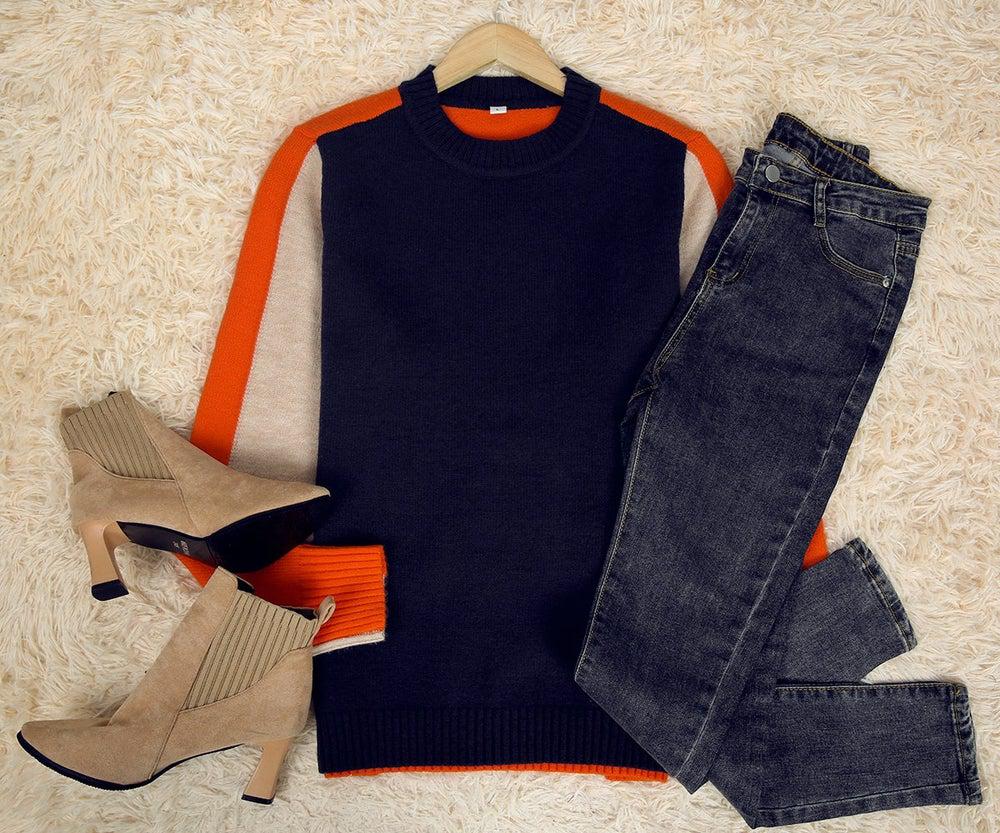 Women's Block-Striped Cotton Knit Sweater in a Fitted Cut