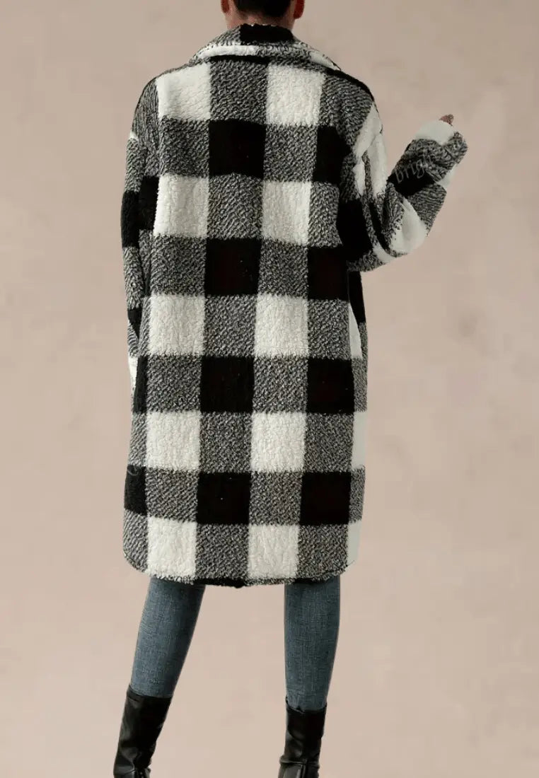 Women's Plush Printed Fleece Coat with Shirt Collar and Chest Pockets