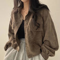 Women's Corduroy Shacket with Pointed Collar and Chest Pockets - Brown