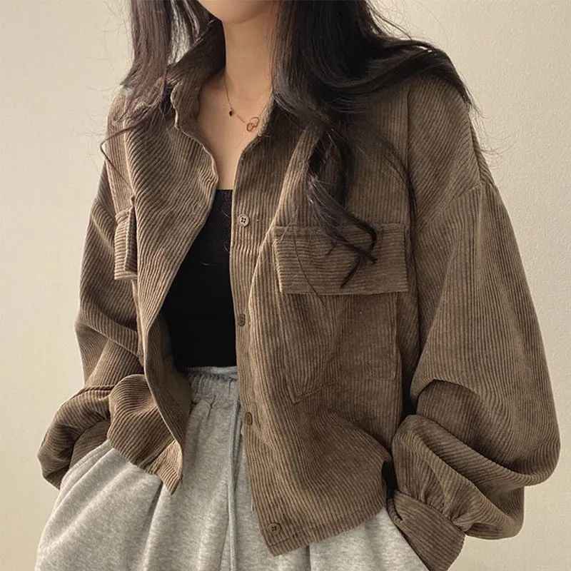 Women's Corduroy Shacket with Pointed Collar and Chest Pockets - Brown