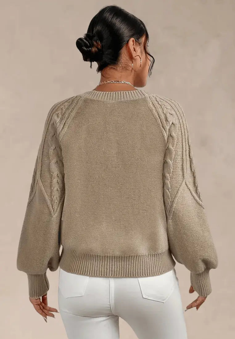 Women's Relaxed Puff-Sleeve Cable-Knit Crew Neck Sweater
