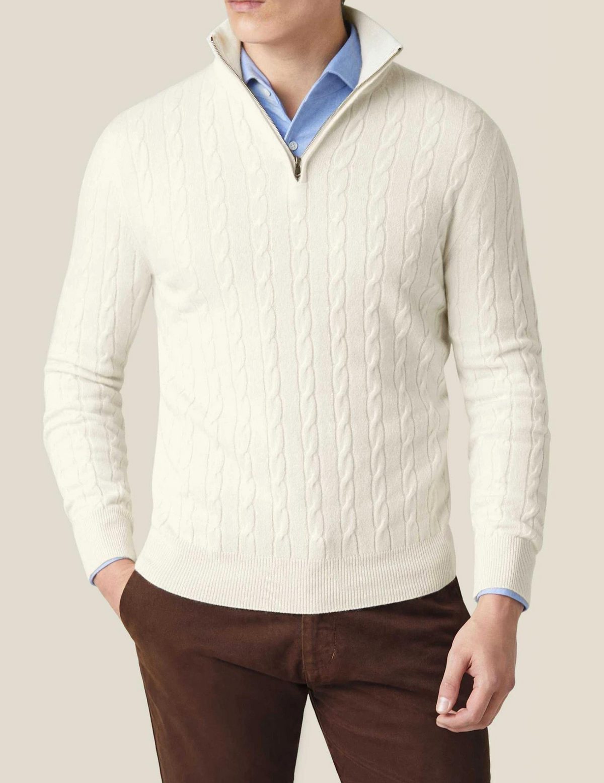 Men's Cable-Knit Zip-Collar Sweater in a Classic Fit - White