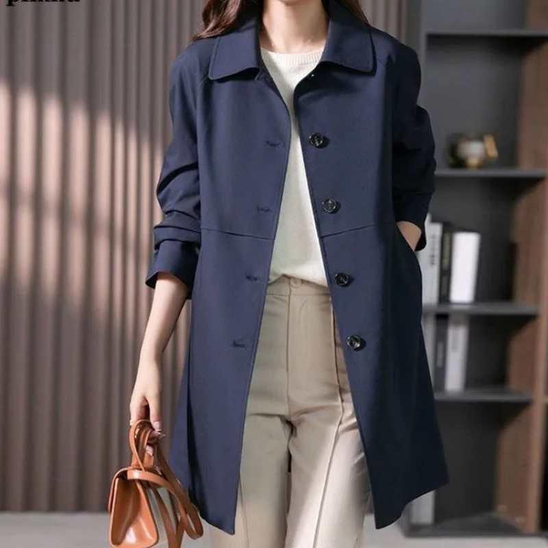 Women's Single-Button Longline Trench Coat with Wide Collar