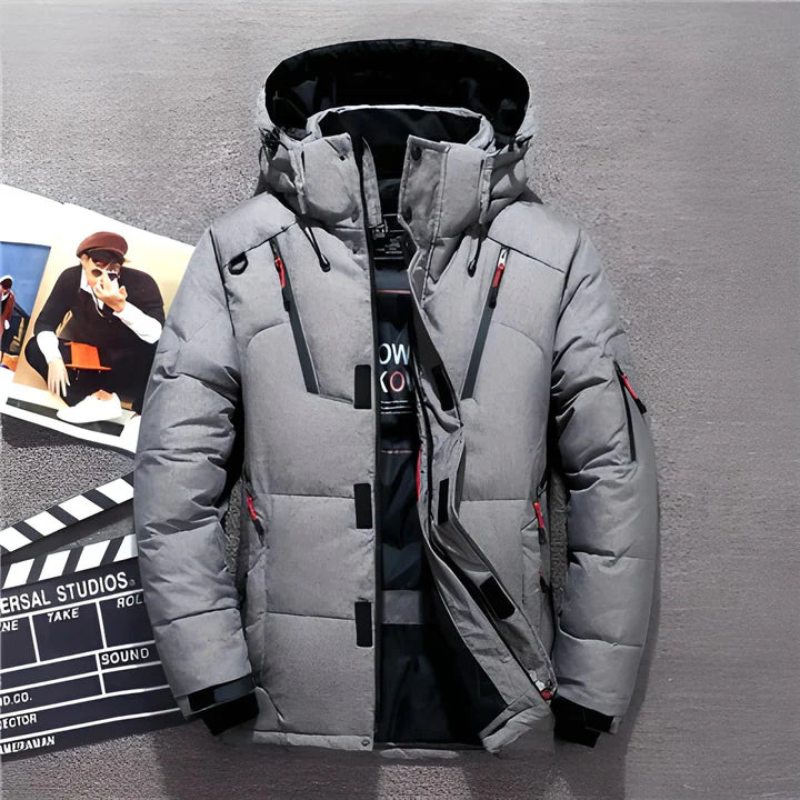 Men's Insulated Storm-Flap Winter Jacket with Adjustable Hood - Gray