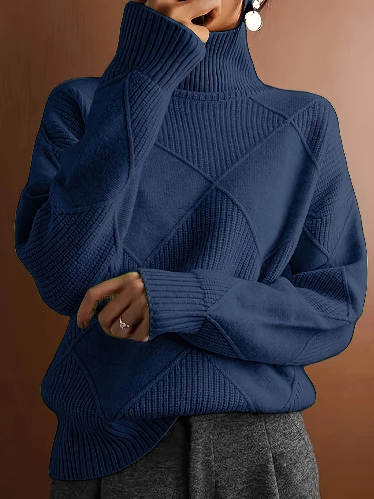 Women's Plus-Size Diamond Knit Turtleneck Sweater in a Relaxed Fit