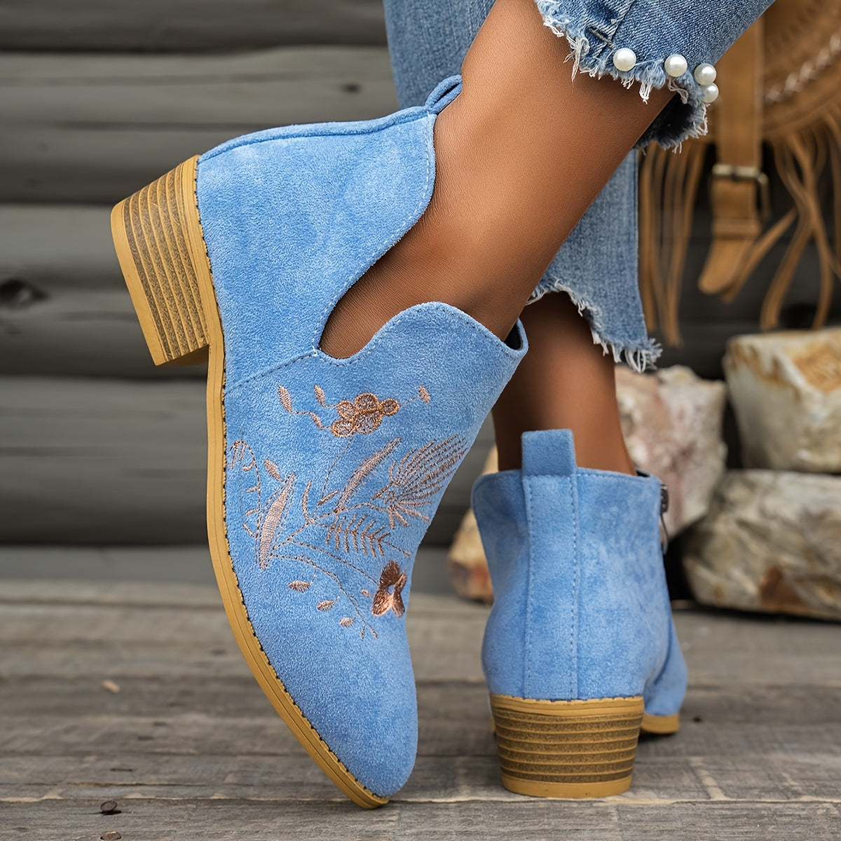 Women's Pointed Low Heel Booties with Delicate Embroidery