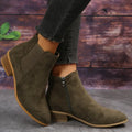 Women's Low Block Heel Side-Zip Ankle Boots with Elastic Panel - Olive Green