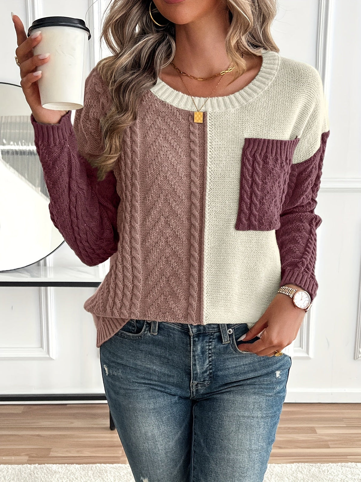 Women's Relaxed Two-Tone Cable Sweater with Front Pocket