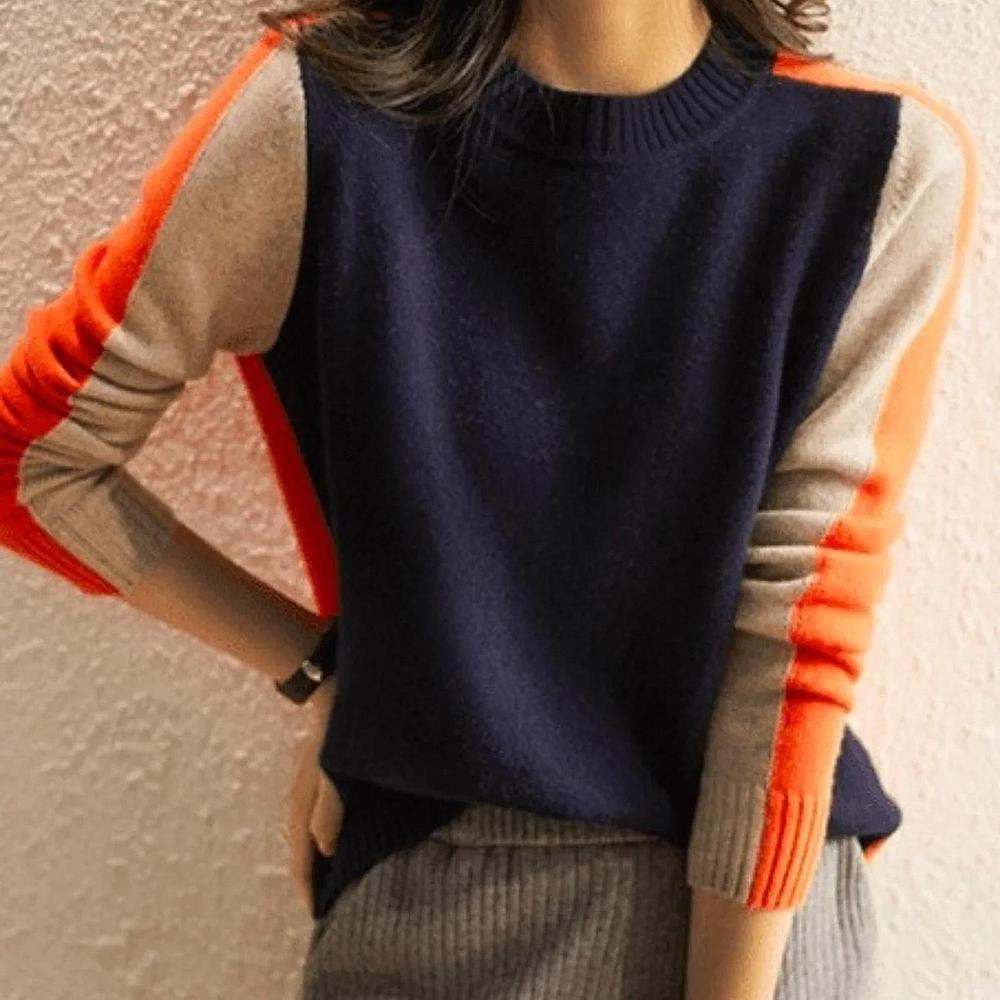 Women's Block-Striped Cotton Knit Sweater in a Fitted Cut - Navy