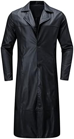 Men's Single-Breasted Longline Faux Leather Coat with Notch Lapels - Black