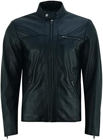 Men's Waist-Length Lambskin Leather Jacket with Snap Stand Collar - Black