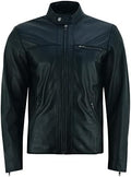 Men's Waist-Length Lambskin Leather Jacket with Snap Stand Collar - Black