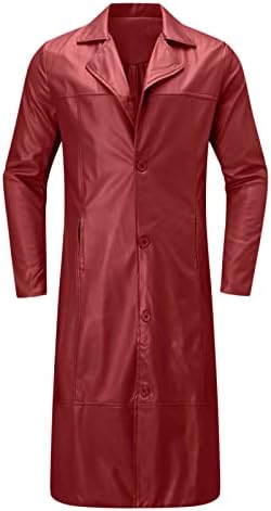 Men's Single-Breasted Longline Faux Leather Coat with Notch Lapels - Red