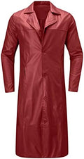 Men's Single-Breasted Longline Faux Leather Coat with Notch Lapels - Red